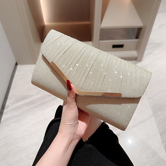 "Elegant Women's Golden Pleated Clutch Bag with Magnetic Closure" - Picture 3 of 7